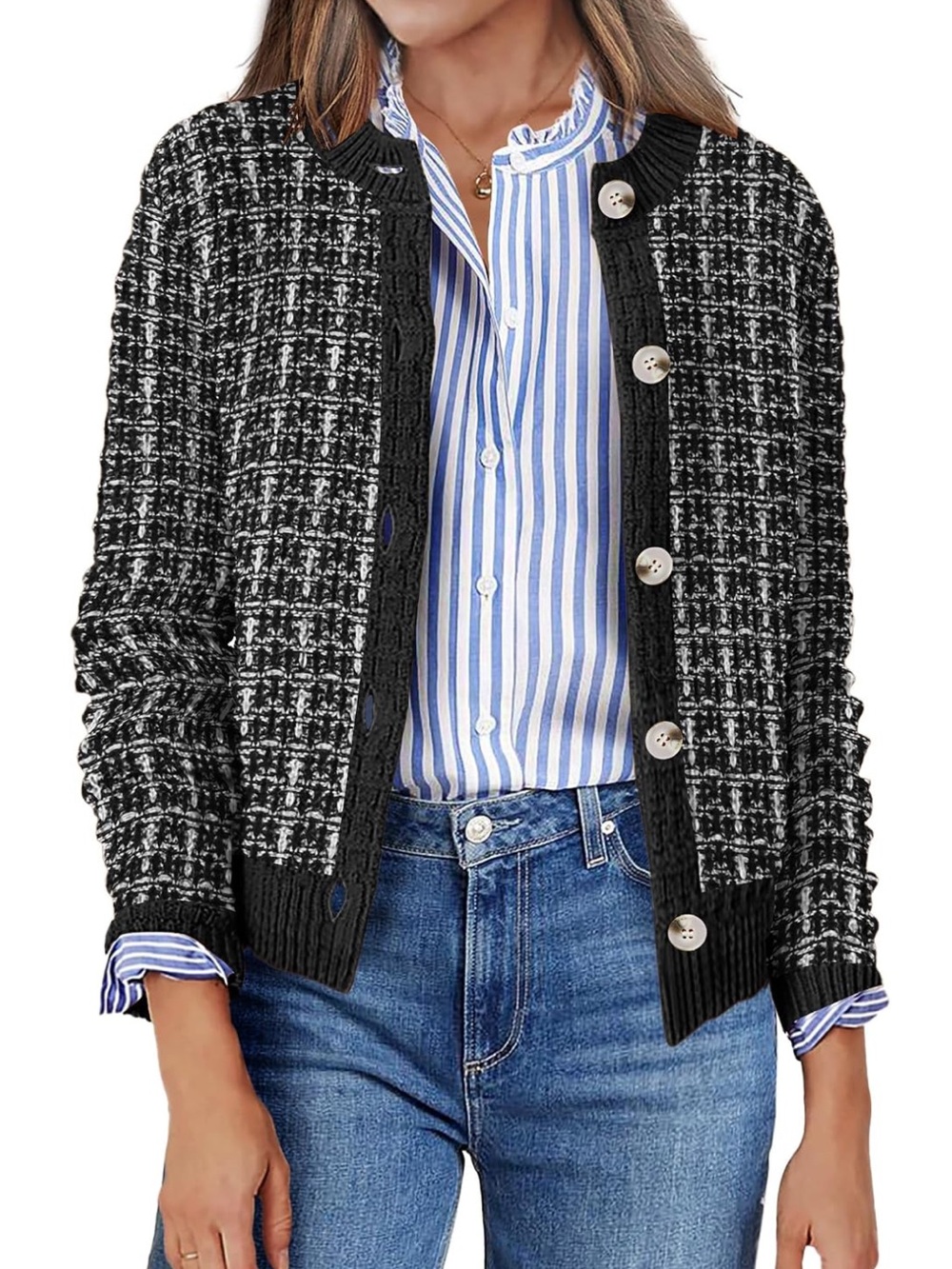 🖤zeagoo Black & White Textured Cardigan